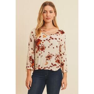Staccato Women's Criss Cross Neck Floral Blouse w/ Bell Sleeves - Size Large
